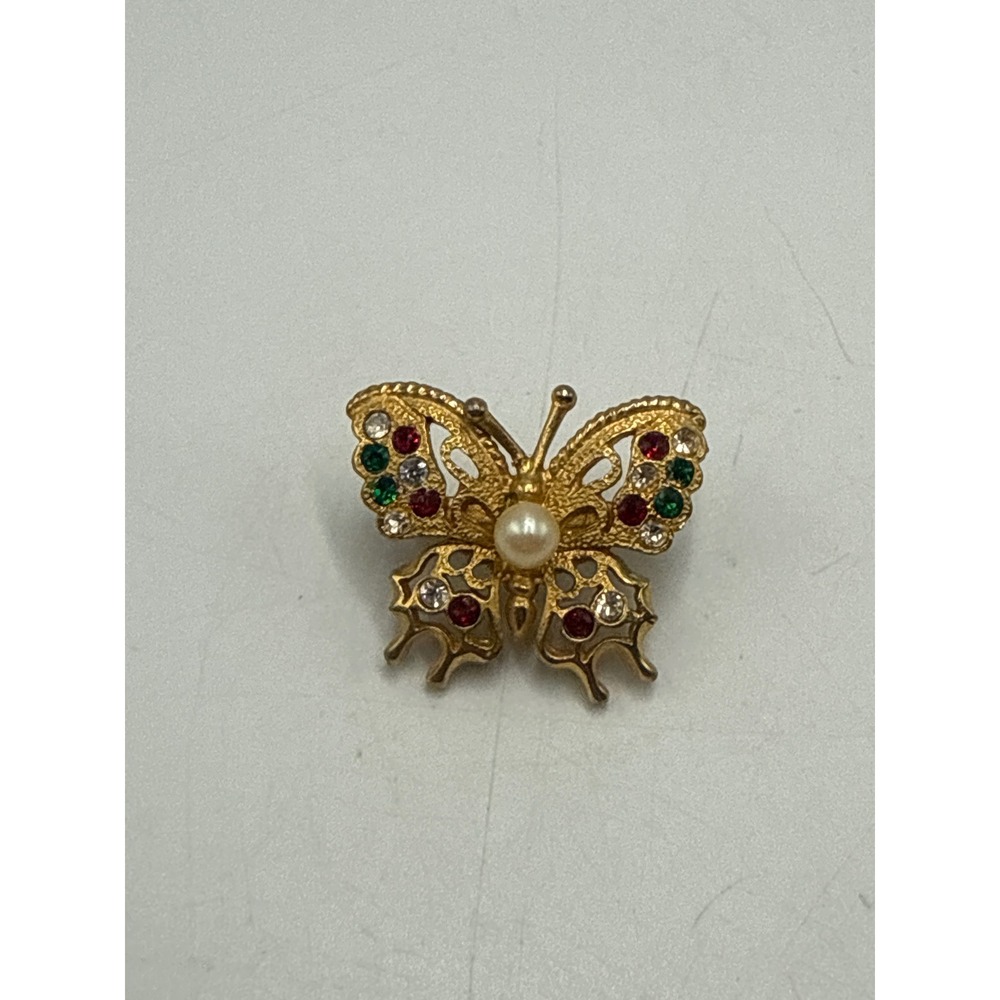 Vtg Butterfly Scarf Clip Multi Color Rhinestone Faux Pearl Gold Tone Filigree